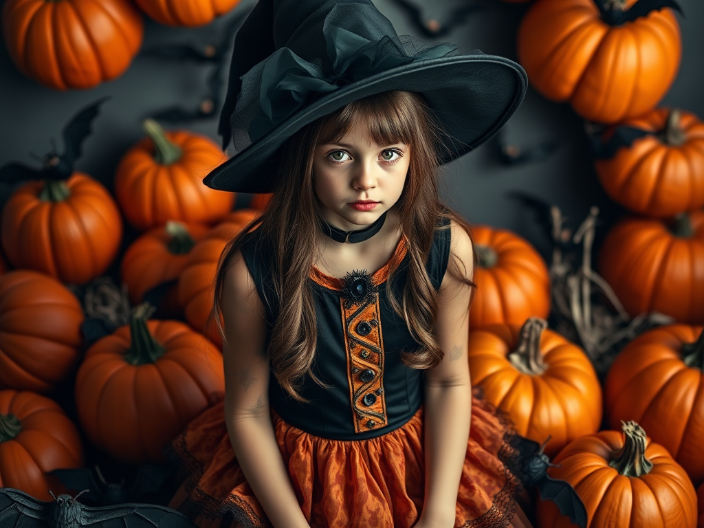 full body portrait of a gothic girl in a black and orange dress with a witch hat, surrounded by Halloween pumpkins and bats, DSLR camera, f/2.8 aperture, ISO 100, 50mm lens, portrait mode, soft lighting, vibrant colors, high resolution