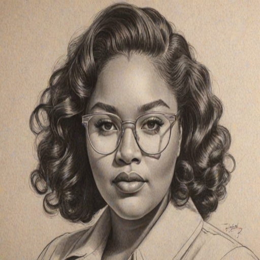 Lovely Lizzo, pencil sketch, portrait of Sublime woman 1938s in glasses, hair style beatnik, outline, clear lines, fine lines, 8k