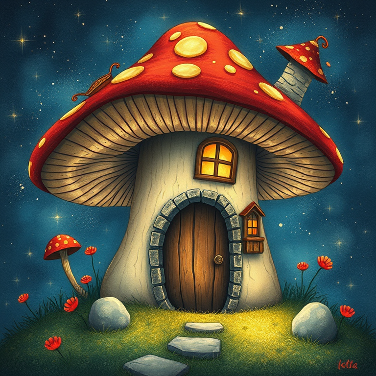 imagine illustration of a mushroom house with a door and a window, a storybook , fantasy art, mushroom house, bg starry sky, sparkles