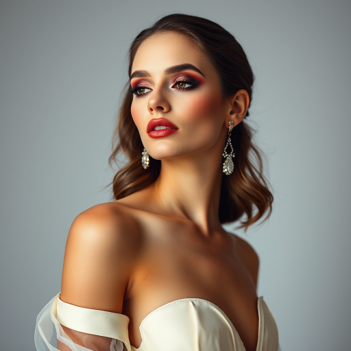 Studio portrait, female model, elegant couture dress, bold makeup, dramatic lighting, Shoot over the shoulder using a telephoto lens to focus on small details like jewelry, makeup, or fabric textures