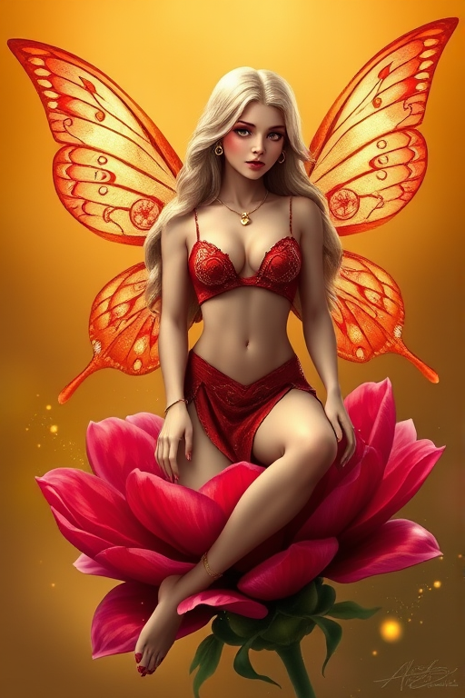A digital artwork features a winged fairy with delicate Sienna butterfly wings, adorned with intricate Juniper andFuchsia patterns. She is seated on a vibrant Mahogany flower, wearing a revealing red two-piece outfit with sparkling beadwork. Her fair skin, long blonde hair, and gold jewelry add to her ethereal appearance. The background is a warm, golden gradient, creating a magical atmosphere. Small glowing orbs and sparkles surround the flower, enhancing the enchanting, highly detailed, and realistic scene.