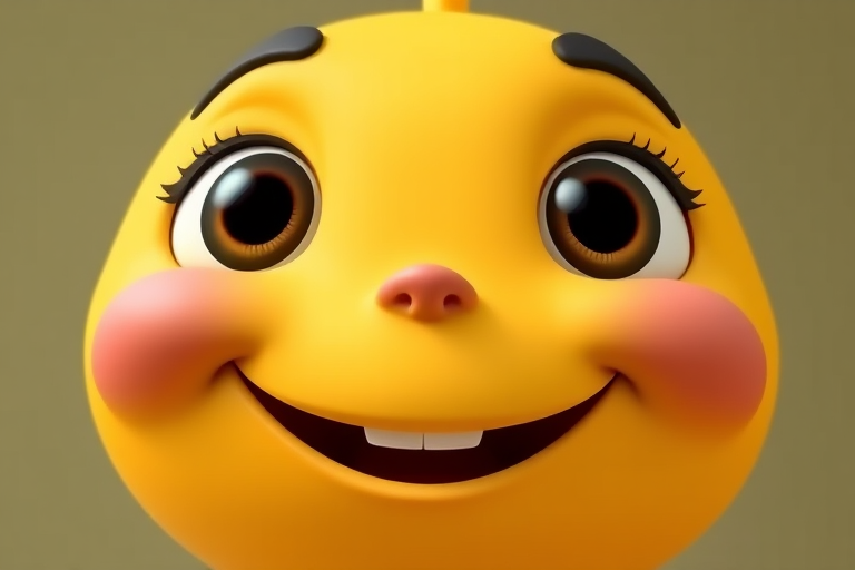 create an animated character design of a cheerful yellow face with large eyes and a playful smile, using a high-resolution digital art style, shot with a Canon EOS R5 at f/4.0, ISO 100, and a 50mm lens, capturing vibrant colors and smooth textures