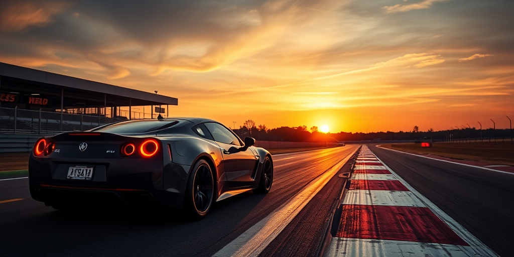 High-performance car on a race track at sunset, captured with a Canon EOS R5, 50mm lens, f/1.8 aperture, ISO 100, 1/200 sec, wide-angle view, dramatic contrast and sharp focus, enhancing colors and details.