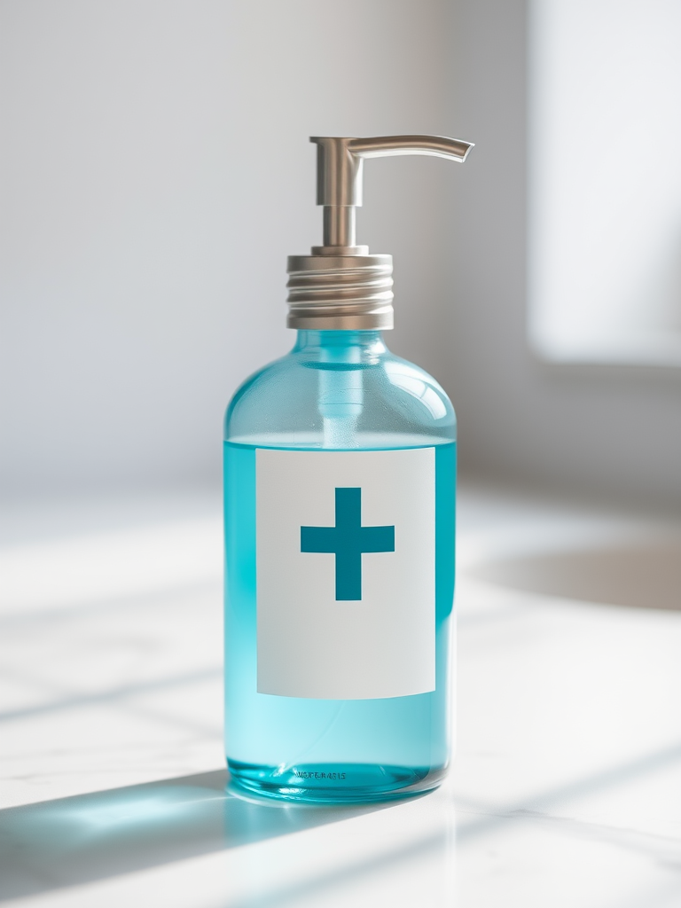Design a minimalist soap dispenser with a turquoise bottle and a white label featuring a blue cross symbol, captured with a Canon EOS R5, 50mm f/1.8 lens, at f/2.8, ISO 100, using natural soft lighting from the left side, with a slight bokeh effect in the background.