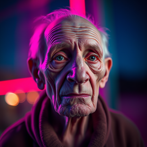 create a close-up perspective view fine art photography contemporary style of an elderly worn albino’s face with a soft, candid expression on a blurred sky black light background.Showcasing a modern style characterized by vibrant blacklight tones, using dramatic lighting and soft gradients to create a fine art atmosphere. The focus is on the light and facial features. motion light blur, neon backlit