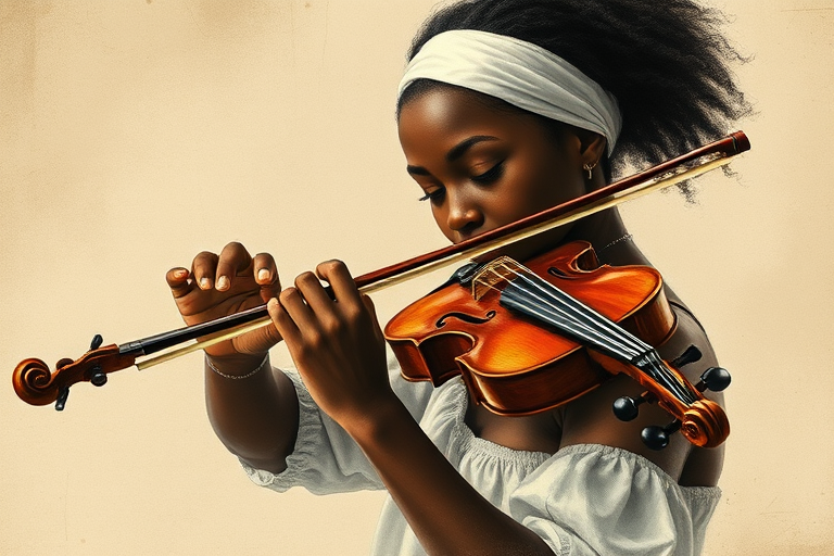 a young Afro-Caribbean woman with a white headband playing a violin, in the style of a charcoal drawing, sepia grunge background