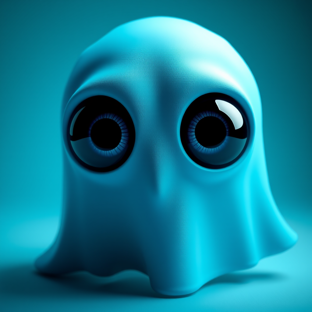 Create a high-resolution image of a blue ghost character with large eyes, using a DSLR camera with a 50mm lens at f/1.8 aperture, set to ISO 100, and captured from a front view with soft studio lighting.