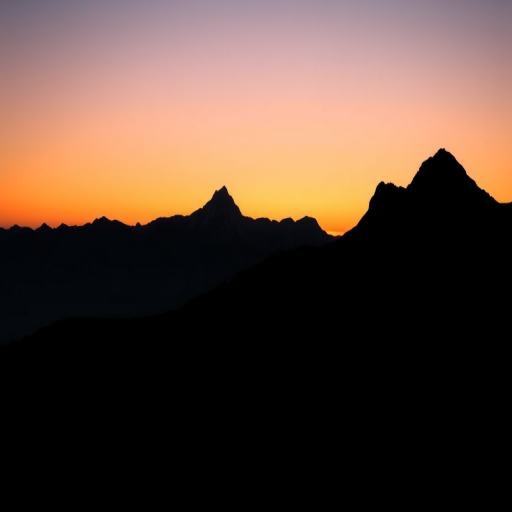 Create a high-resolution image of a stylized black silhouette of a mountain range against a sunset gradient background, captured with a Canon EOS R5, 50mm lens, f/1.8 aperture, ISO 100, and soft focus to enhance depth.