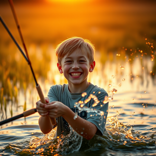 A young boy smiling while fishing in a shimmering sunset-lit field, water splashing around him, shallow depth of field, ISO 100, f/2.8, 1/500s, 85mm lens, golden hour lighting, taken with a DSLR camera.