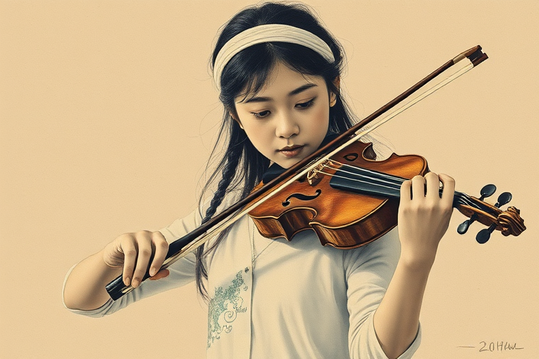 a young Asian woman with a white headband playing a violin, in the style of a charcoal drawing, sepia grunge background