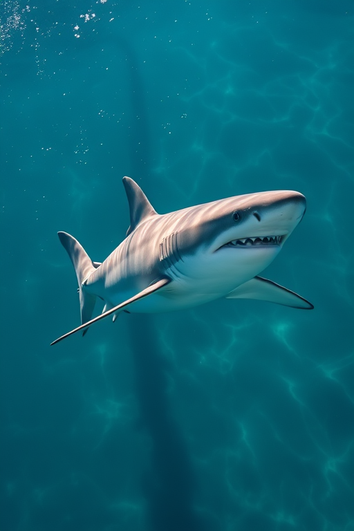 Create a high-resolution image of a shark swimming, using a Canon EOS R5 with a 24-70mm lens, aperture f/4, ISO 100, in a clear ocean setting with a slight top-down view for enhanced detail and vibrancy.