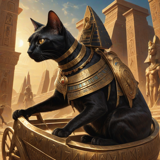 award winning digital illustration, surrealism, closeup sideview of a (ruthless black Egyptian Pharaoh cat:1.25) riding a golden chariot in an ancient pyramid city, exuding authority and dominance over terrified human slaves in the background, rich dramatic lighting, gleaming mirrored reflections, intricate textures, glowing dust, god rays,  highly detailed art <lora:MJ52:0.8> <lora:add-detail-xl:0.8>