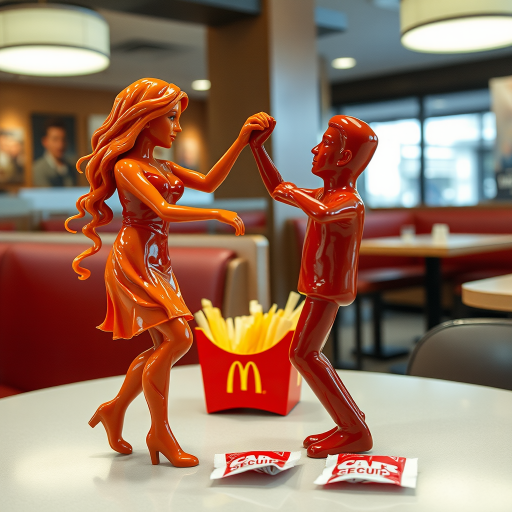 A hyperdetailed image of a woman made entirely of ketchup dancing with a stick figure man made of french fries, placed on a table at a McDonald's restaurant. Add a McDonald's french fry box and some open, empty ketchup packets to the table.