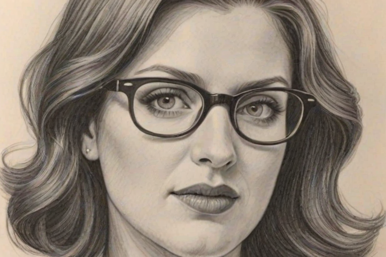 Elegant Allison Tolman, pencil sketch, portrait of Stunning woman 1953s in glasses, hair style beatnik, outline, clear lines, fine lines, 8k