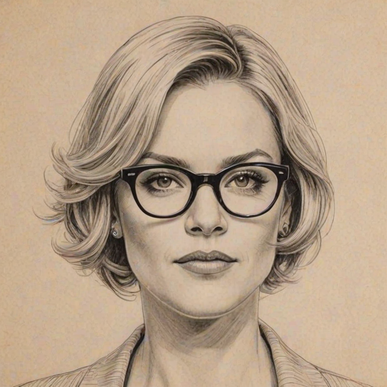 Splendid Andrea Anders, pencil sketch, portrait of Dazzling woman 1924s in glasses, hair style beatnik, outline, clear lines, fine lines, 8k