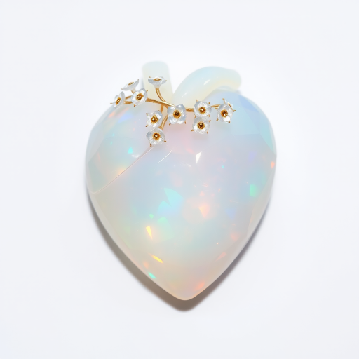 a human heart made of facet cut opal crystal, decorated with small crystal flowers, pastel colors, fine subtle gold details, white background, small drop shadow, beautiful light incidence, prism.