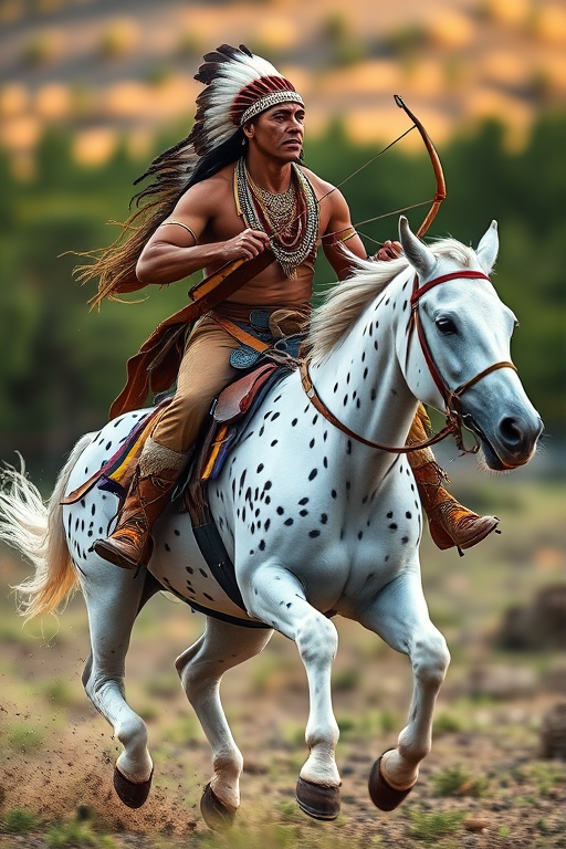 Generate an image of a Native American warrior on a white speckled horse, full body, riding at a gallop with a bow in hand, shot with a DSLR camera at 50mm focal length, aperture f/2.8, ISO 100, in natural light with a shallow depth of field.