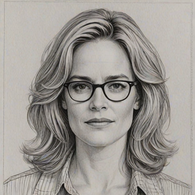 Delightful Elisabeth Shue, pencil sketch, portrait of Comely woman 1975s in glasses, hair style beatnik, outline, clear lines, fine lines, 8k