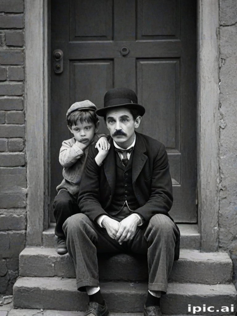 A black-and-white photograph of a man and a child sitting on steps in front of a doorway. The man is dressed as a tramp with a bowler hat, mustache, and ragged clothes, reminiscent of Charlie Chaplin's iconic look. He is sitting with his arms crossed and an expression of slight sadness or frustration. Next to him is a young boy, also in worn clothes and a cap, sitting with his hands clasped, looking thoughtful. The background is an old, textured wall and a partially open door, creating a vintage, early 20th-century atmosphere.
