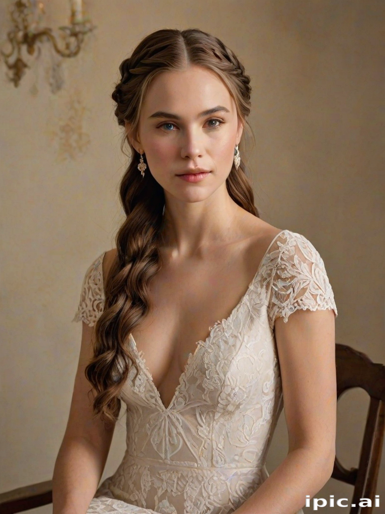 Create a portrait of a refined and elegant woman seated in a sophisticated setting. She has long, wavy hair styled in two thick braids that are pulled over her shoulders. She wears a white, lace gown with intricate patterns, featuring a deep V-neckline and short sleeves. The dress exudes a vintage charm with its delicate lacework. She is adorned with ornate, dangling earrings that add a touch of glamour to her appearance. The background is softly lit, with warm, ambient lighting that creates a cozy and inviting atmosphere. Her expression is poised and serene, capturing a sense of grace and elegance.