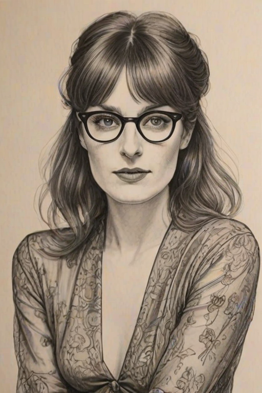 Enchanting Florence Welch, pencil sketch, portrait of Graceful woman 1945s in glasses, hair style beatnik, outline, clear lines, fine lines, 8k