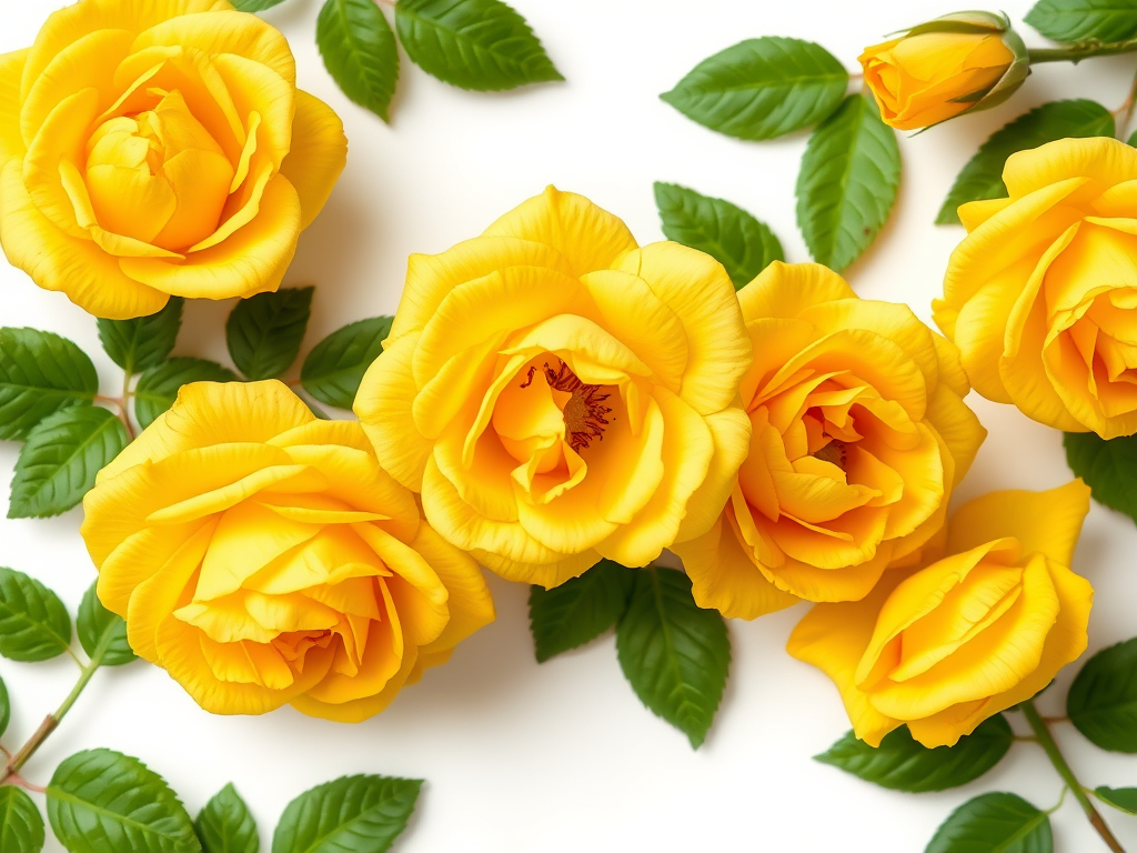Create a vibrant and detailed illustration of yellow roses with lush green leaves on a white background, using a Canon EOS R5 with a 50mm lens, aperture set to f/2.8, ISO 100, and a soft natural light setup for enhanced color depth and clarity.