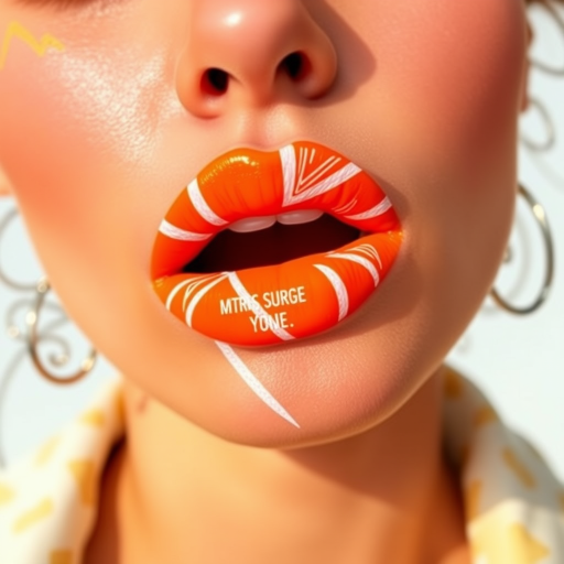 Neon orange lips with abstract geometric patterns in white, dubbed "Citrus Surge," create a bold and energetic look with a semi-matte finish for summer street style