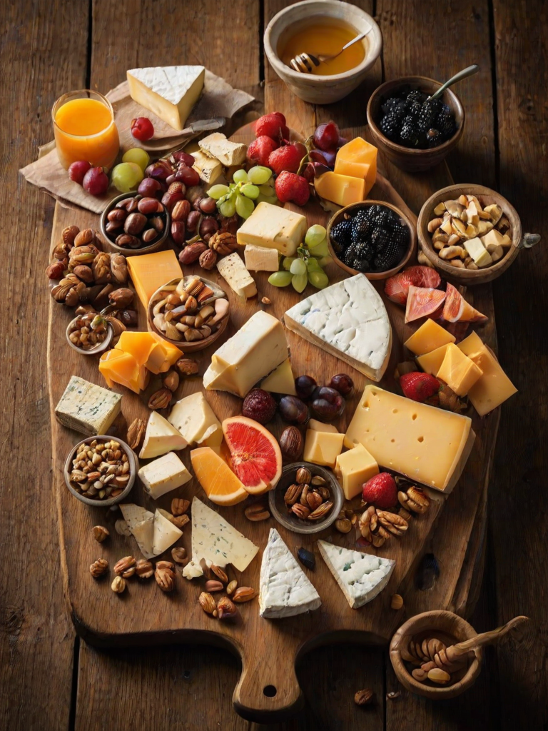 Warmly lit photo of a gourmet cheese platter on a rustic wooden table, with an assortment of cheeses, fresh fruits, nuts, and a small bowl of honey, soft light highlighting the textures and colors.