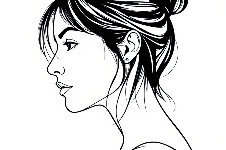 Create a minimalist line art portrait of a woman's face in profile view, using high contrast black lines on a white background, captured with a Canon EOS R5 at f/2.8, 50mm lens, ISO 100, in natural light to enhance details and create a sharp, crisp image quality.