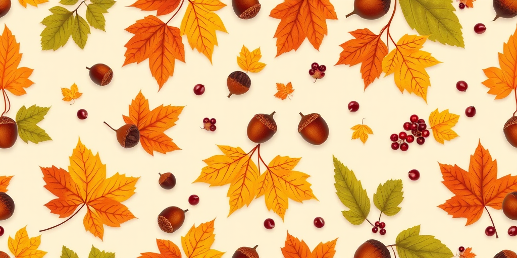 Create a vibrant seamless pattern featuring various autumn leaves, acorns, and berries on a light beige background; use a DSLR camera with a macro lens at f/8, ISO 200, and a shutter speed of 1/125 sec to capture the intricate details and enhance color richness.