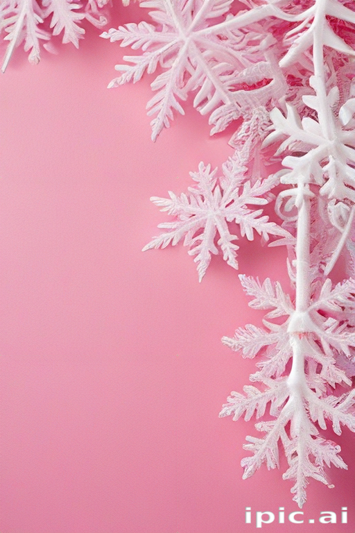 Delicate Frosted Snowflakes Gracefully Arranged on a Soft Pink Background.