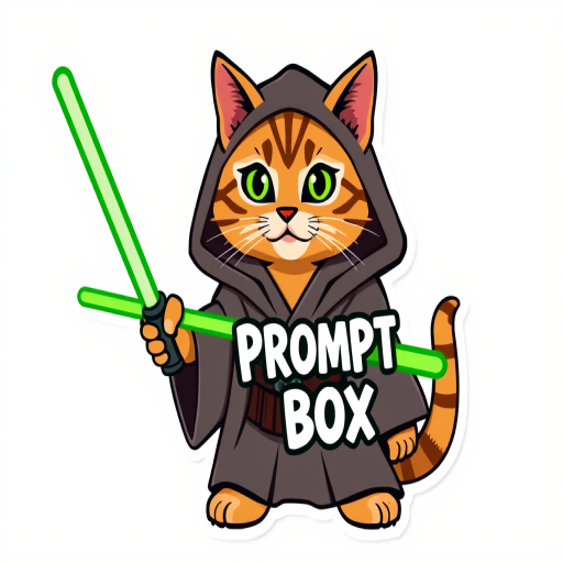 Sticker design, content cat wearing a Jedi robe and holding green lightsaber, promoting a message with the words "Prompt Box", flat bright colors, isolated on a white background, illustration