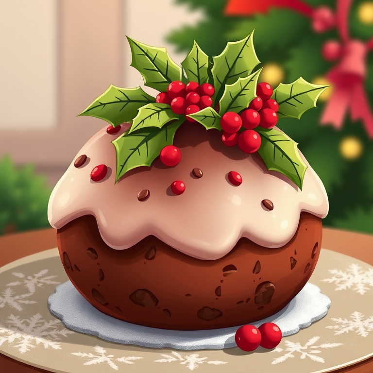 Create a digital illustration of a traditional Christmas pudding topped with holly leaves and red berries, using a high resolution of 300 DPI, with a vibrant color palette, from a front view perspective, resembling a cartoon style, captured with a digital camera set to f/8 aperture, ISO 100, and 50mm lens for enhanced clarity and detail.