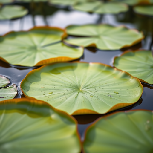 Close-up of large water lily pads with vibrant green and orange edges floating on calm water, captured with a DSLR camera, 50mm lens, f/2.8 aperture, ISO 100, and soft natural light.