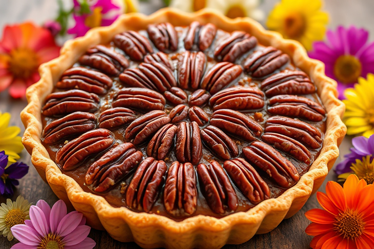 A close-up view of a delicious pecan pie topped with shiny caramelized pecans on a golden brown crust, surrounded by colorful edible flowers and a rustic wooden surface.