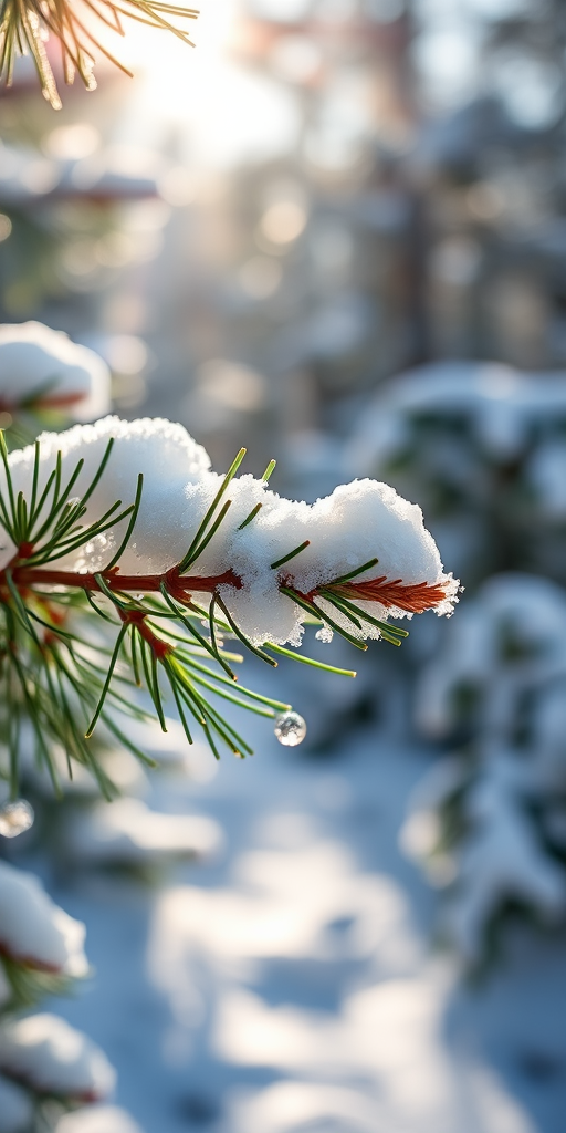 snow-covered pine branch in winter sunlight with blurred snowy background, macro lens, aperture f/2.8, shutter speed 1/200s, ISO 100, DSLR camera, natural lighting