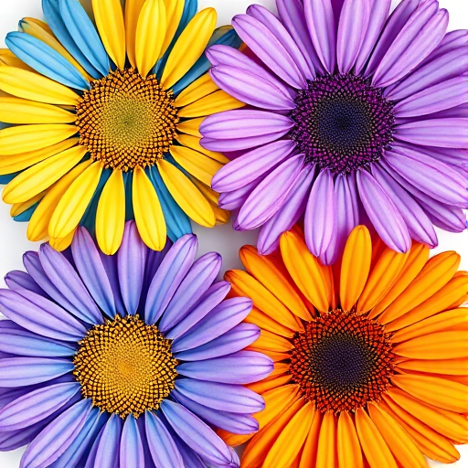 Generate an image of four colorful daisies arranged in a square with blue, yellow, purple, and orange petals, using a macro lens, f/2.8 aperture, 35mm focal length, and a soft focus background for enhanced detail and vibrant colors.