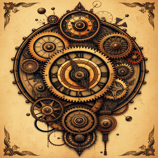 Steampunk-inspired tattoo artwork called "Clockwork Dreams" featuring intricate gears cogs and mechanical elements combined with Victorian-era motifs rendered in rich sepia and copper tones