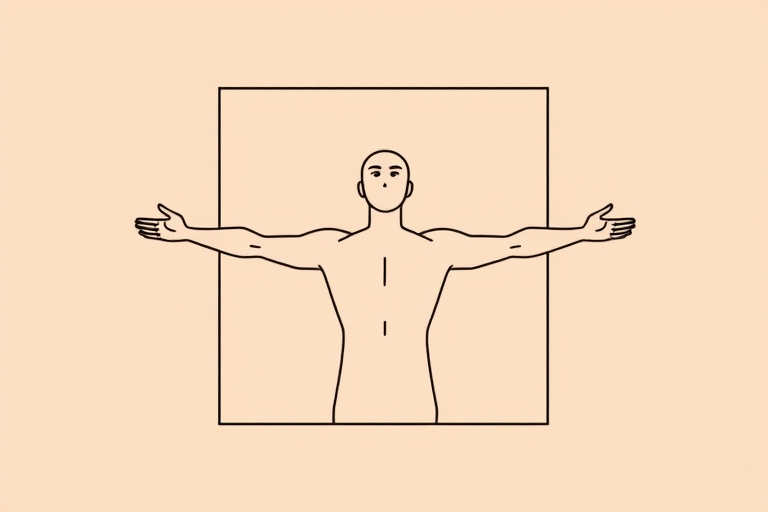 Create a minimalist line art illustration of a human figure with arms outstretched, framed within a square, use a soft peach background, high contrast black lines, shot with a DSLR camera at f/4 aperture, ISO 100, 50mm lens, using natural lighting for enhanced clarity.