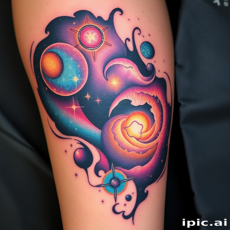 Cosmic tattoo called "Celestial Wanderer" showcasing galaxies nebulae and celestial bodies with swirling colors and glowing accents creating a mesmerizing space-inspired piece
