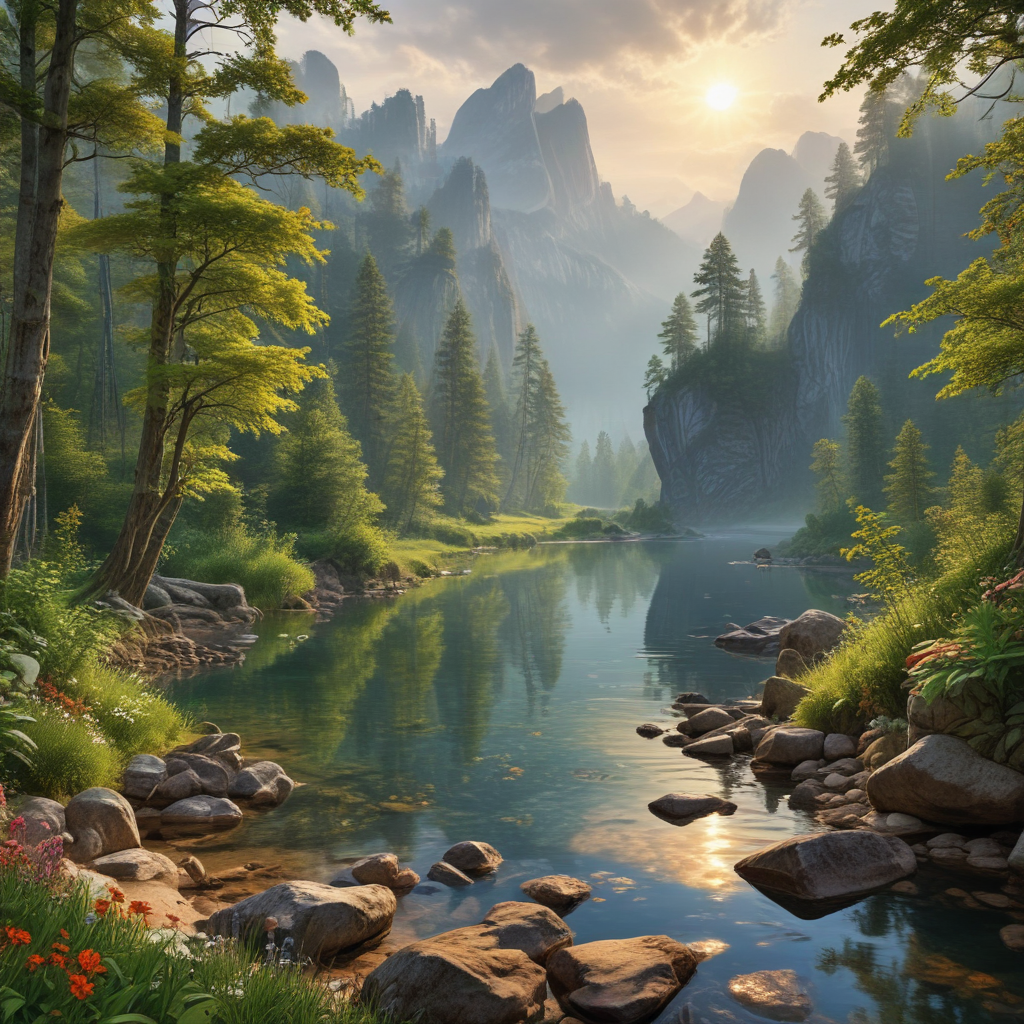 Tranquil River Scene Surrounded by Majestic Mountains and Lush Forests