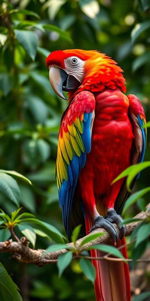 Capture a vibrant scarlet macaw perched on a branch surrounded by lush green foliage, using a DSLR camera with a 50mm lens, aperture f/1.8, ISO 200, and a shutter speed of 1/100 sec for sharp details and rich colors in natural light.