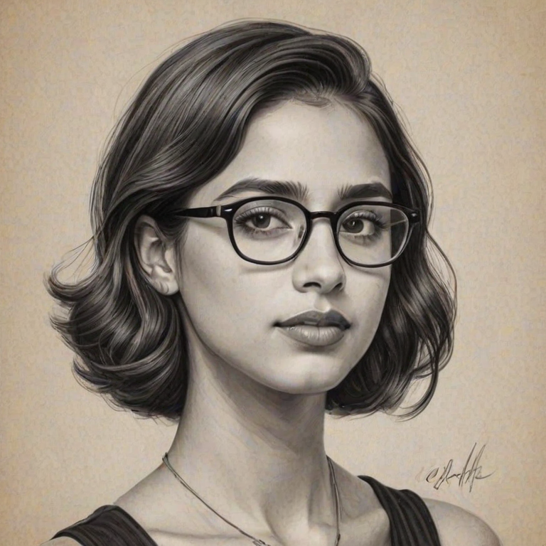 Alluring Naomi Scott, pencil sketch, portrait of Wonderful woman 1932s in glasses, hair style beatnik, outline, clear lines, fine lines, 8k