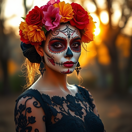 portrait of a woman with traditional sugar skull makeup, vibrant flowers in her hair, wearing an ornate black dress, warm golden sunlight filtering through trees in the background, shallow depth of field, DSLR camera, 50mm lens, f/1.8, ISO 100, soft focus on the subject, high dynamic range imaging