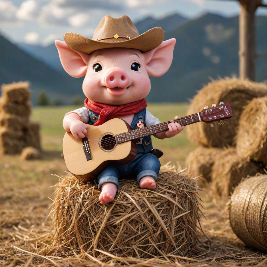 A chibi pig, dressed as a cowboy, playing guitar, sitting on a hay bale