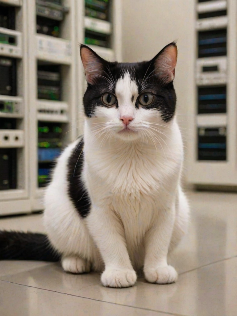 A close-up photograph of a white and black cat sitting on the floor in a room filled with computer servers. Its tail is curled beside it, and its predominantly white face displays a distinctive expression, resembling a domestic shorthair, with slightly squinted eyes that convey frustration. Surrounded by the humming sound of servers and blinking lights, the cat sits grumpily on the cold floor, clearly unimpressed by the high-tech environment around it.