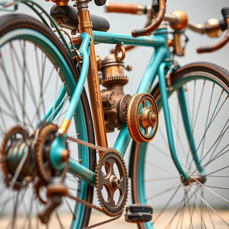 Create a highly detailed illustration of a steampunk bicycle with copper and teal accents, showcasing intricate gears and mechanisms, captured from a low-angle view using a DSLR camera with a 50mm lens, aperture set to f/1.8 for a shallow depth of field, ISO 100 for minimal noise, and shot with natural lighting for enhanced clarity and vibrance.