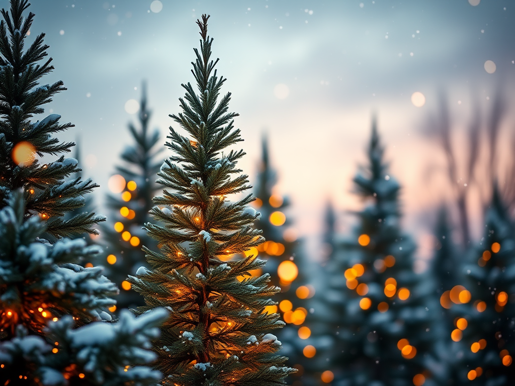 Create a serene winter landscape featuring tall evergreen trees adorned with warm golden lights surrounded by softly falling snowflakes in a dreamy twilight setting with a blurred background of glowing orbs and a gentle ambiance of holiday spirit.