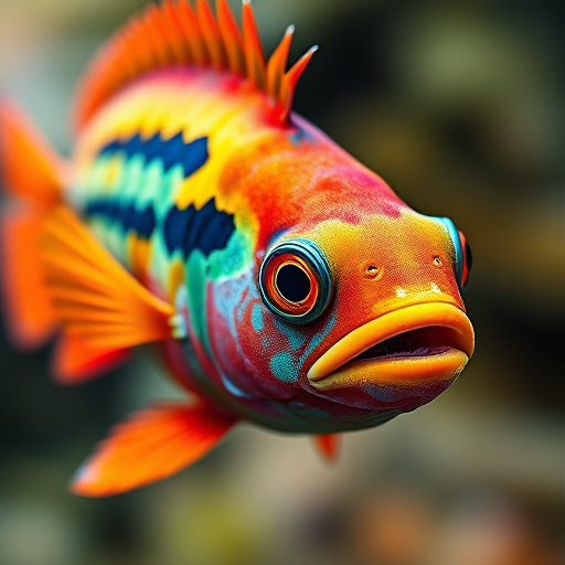Create a highly detailed illustration of a colorful fish with hexagonal patterns and vibrant fins, using a macro lens, f/16 aperture, 1/250 sec shutter speed, natural lighting, and a wide-angle camera view for enhanced clarity and depth.