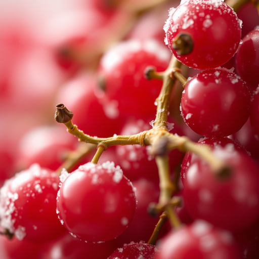 close-up of glistening red currants coated in sugar with soft, diffused lighting, aperture f/2.8, shutter speed 1/125 sec, ISO 200, macro lens, DSLR camera, natural light.